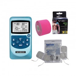 Electroestimulador TENS EMS con 2 canales independientes, 20 electrodos 5 x 5cm y 10 cintas kinesiológicas